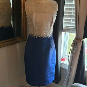 Teri Jon Silk Illusion blue and sliver beaded and sequined dress